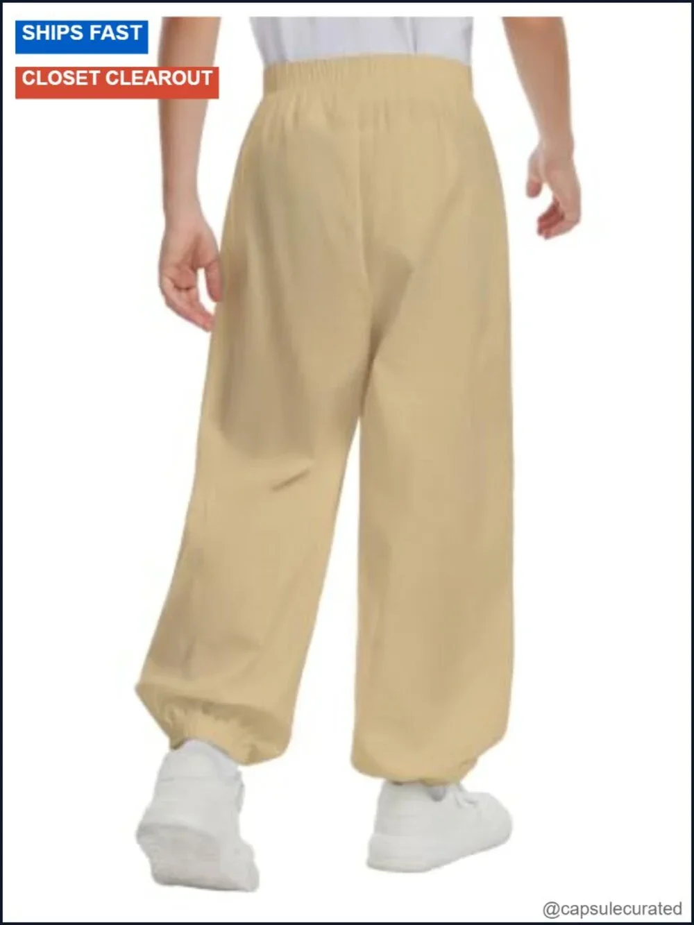 Boys Cotton Linen Jogger Pants Loose Fit Pull On Elastic Waist Cuffed Ankle